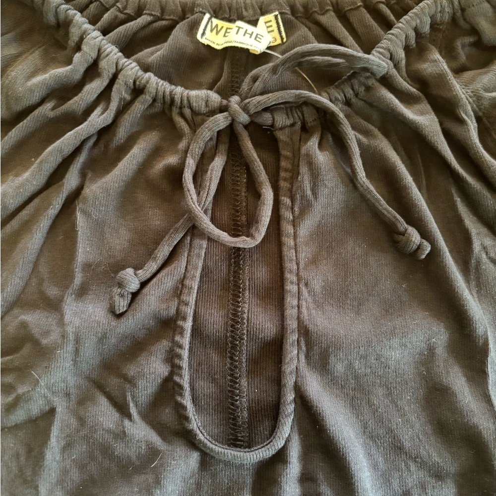 Free People Black Short Sleeve Tee with Front Keyhole and Drawstring